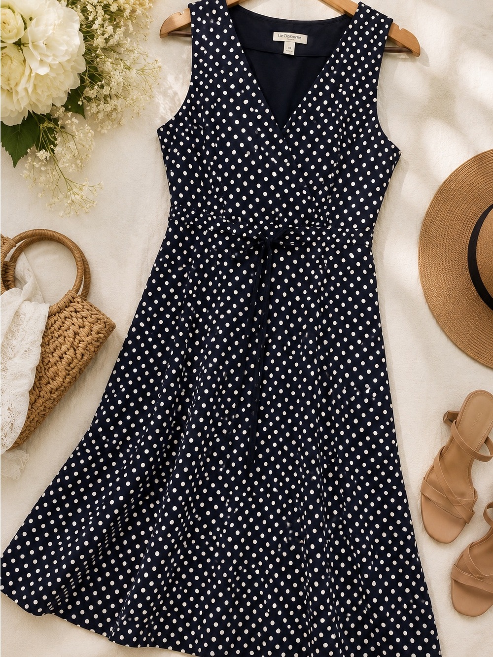 Liz Claiborne Polka Dot Fit & Flare Dress Size 12 Navy White
